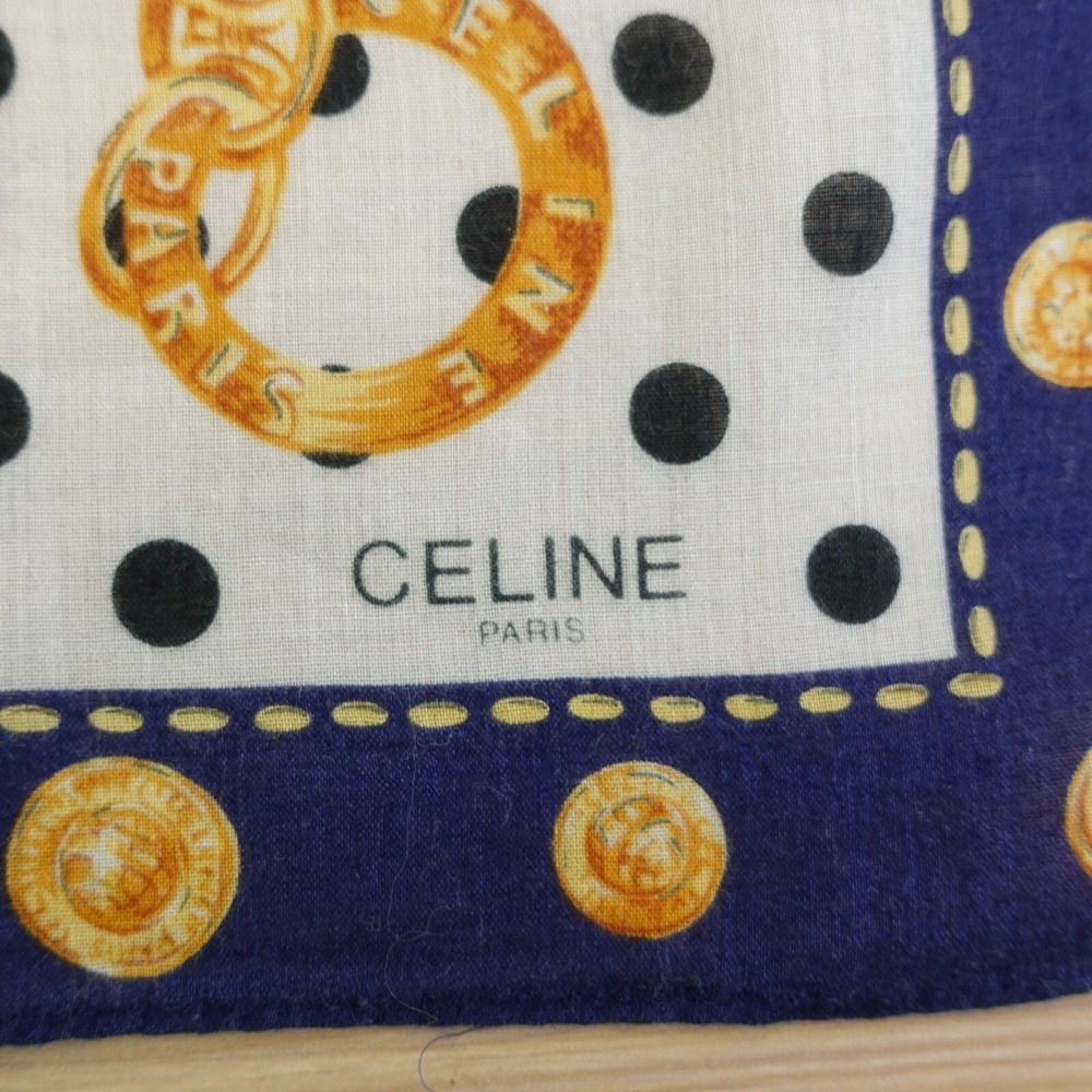 90s VTG CELINE Paris Handkerchief Blue Gold Medallion Chain Dots AUTH Luxe 17x17 - Picture 2 of 11
